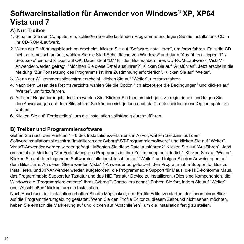 Softwareinstallation für anwender von windows, Xp, xp64 vista und 7 | Cyborg V.7 Keyboard User Manual | Page 10 / 24