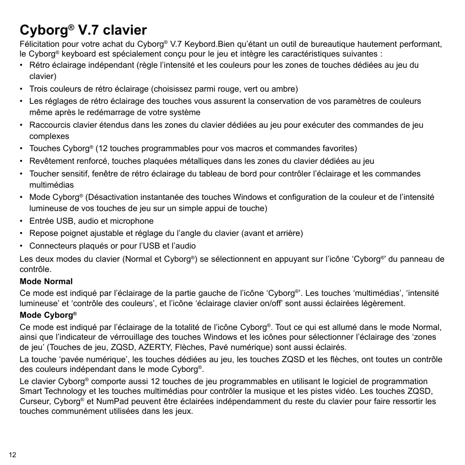 Cyborg, V.7 clavier | Cyborg V.7 Keyboard User Manual | Page 12 / 24