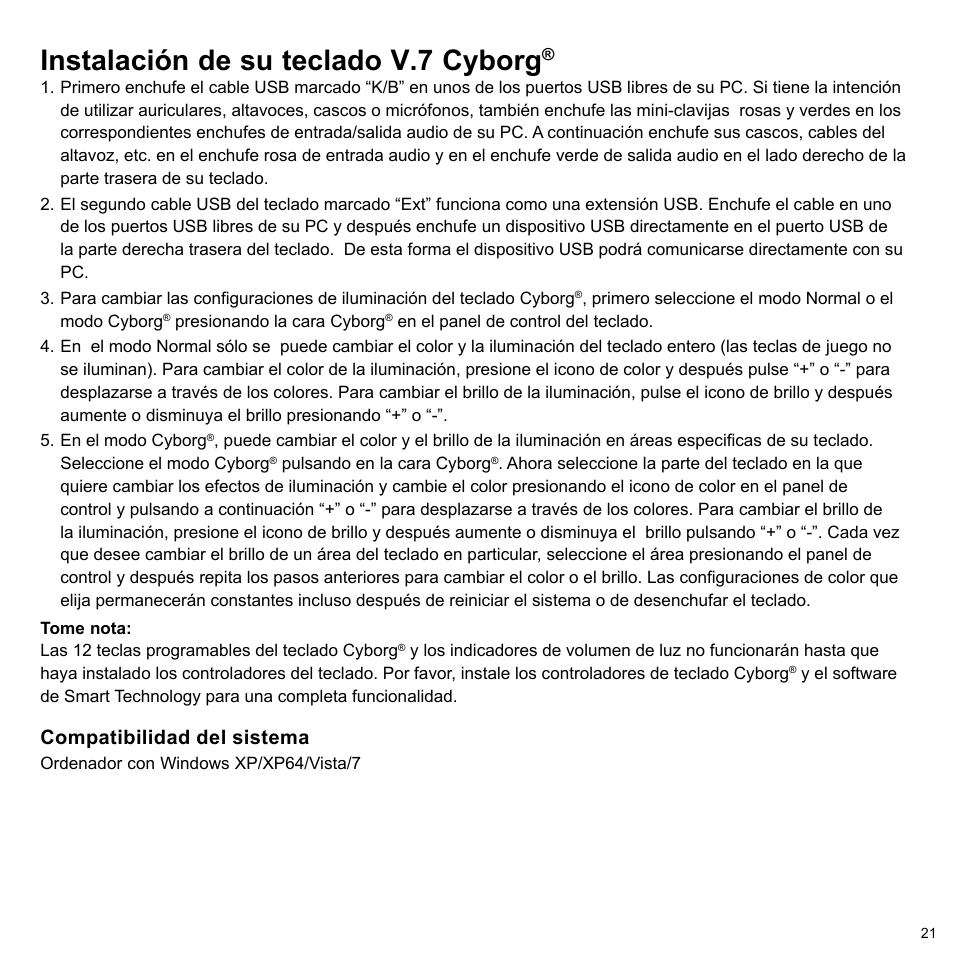 Instalación de su teclado v.7 cyborg | Cyborg V.7 Keyboard User Manual | Page 21 / 24