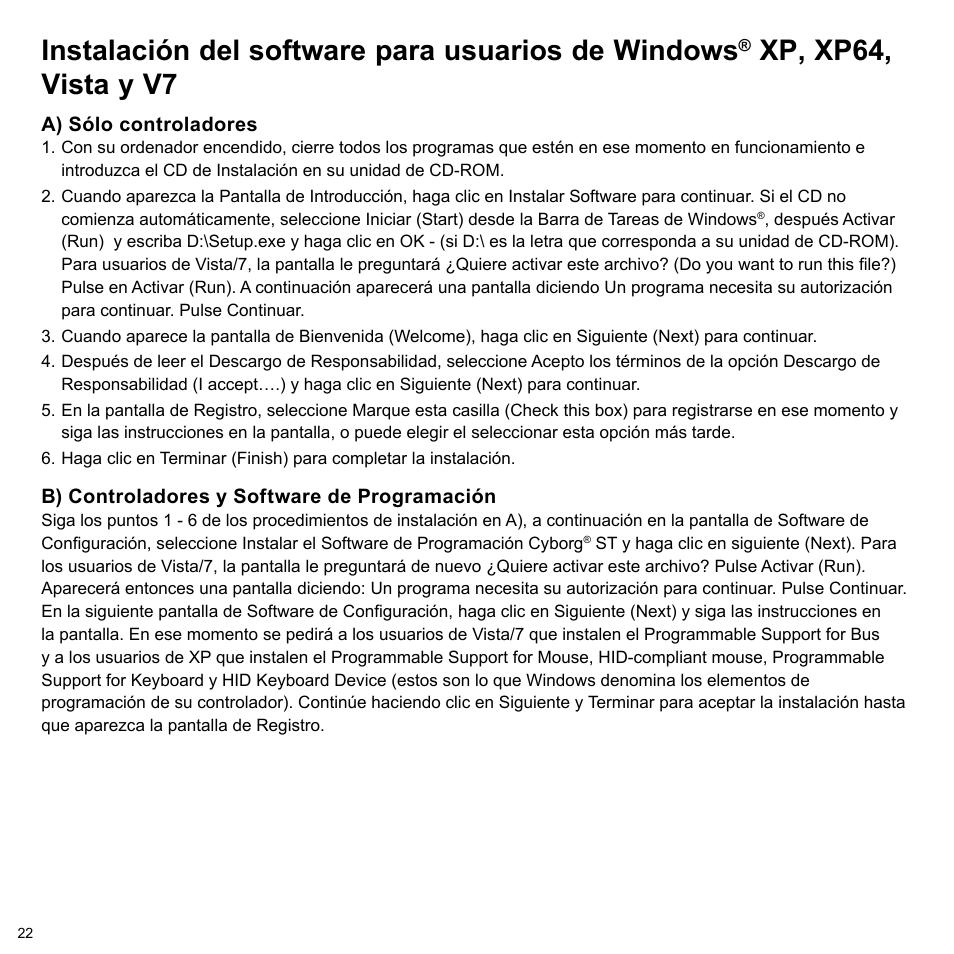 Instalación del software para usuarios de windows, Xp, xp64, vista y v7 | Cyborg V.7 Keyboard User Manual | Page 22 / 24