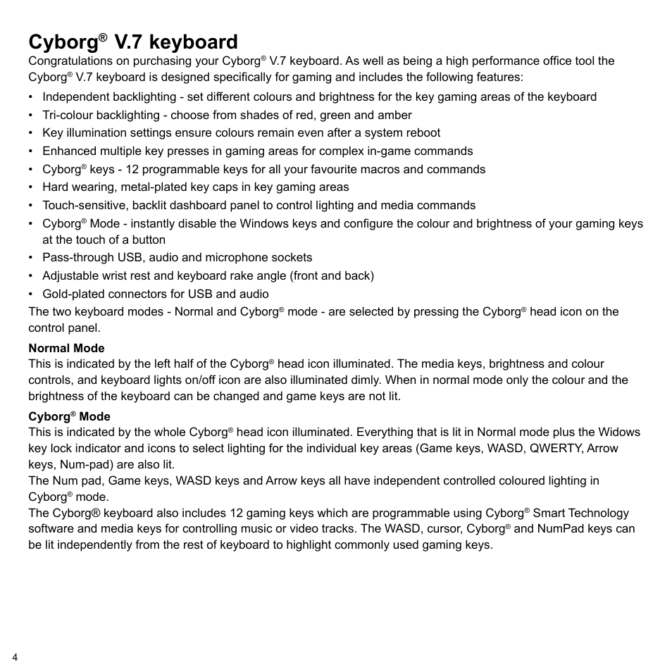 Cyborg, V.7 keyboard | Cyborg V.7 Keyboard User Manual | Page 4 / 24