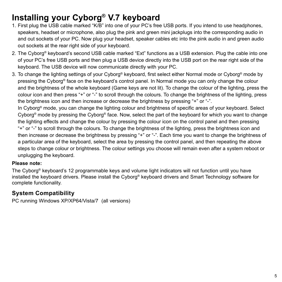 Installing your cyborg, V.7 keyboard | Cyborg V.7 Keyboard User Manual | Page 5 / 24