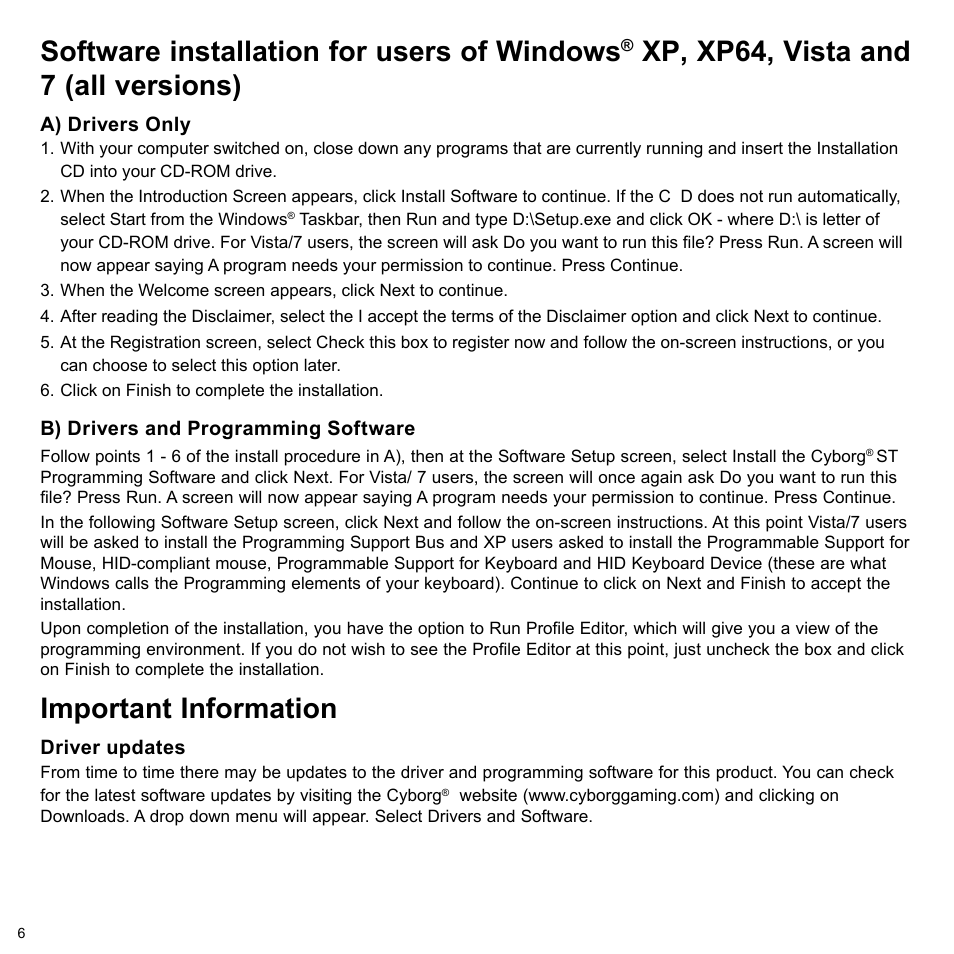 Software installation for users of windows, Xp, xp64, vista and 7 (all versions), Important information | Cyborg V.7 Keyboard User Manual | Page 6 / 24