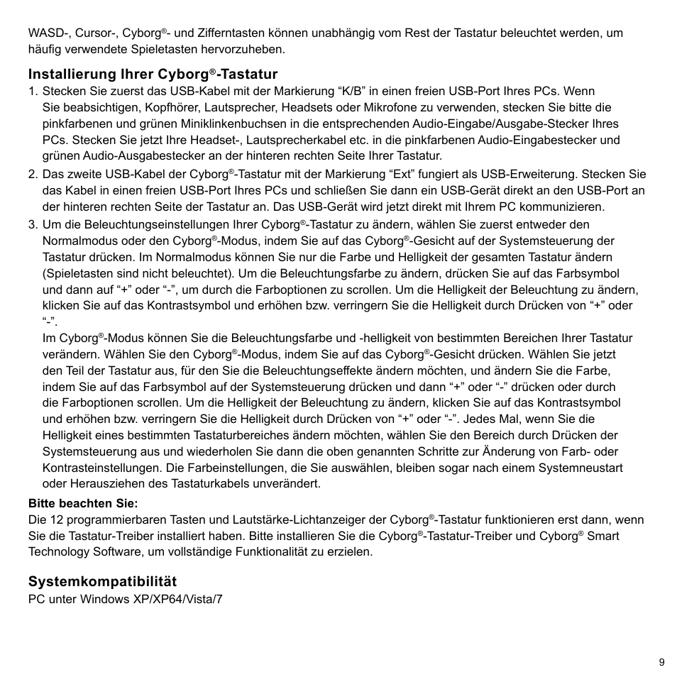Installierung ihrer cyborg, Tastatur, Systemkompatibilität | Cyborg V.7 Keyboard User Manual | Page 9 / 24