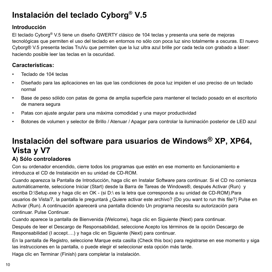 Instalación del teclado cyborg, Instalación del software para usuarios de windows, Xp, xp64, vista y v7 | Cyborg V.5 Keyboard User Manual | Page 10 / 12