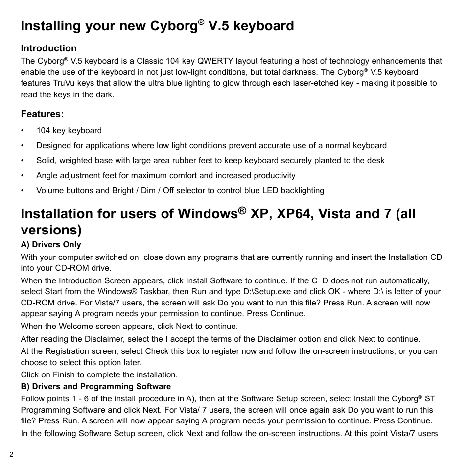 Installing your new cyborg, V.5 keyboard, Installation for users of windows | Xp, xp64, vista and 7 (all versions) | Cyborg V.5 Keyboard User Manual | Page 2 / 12