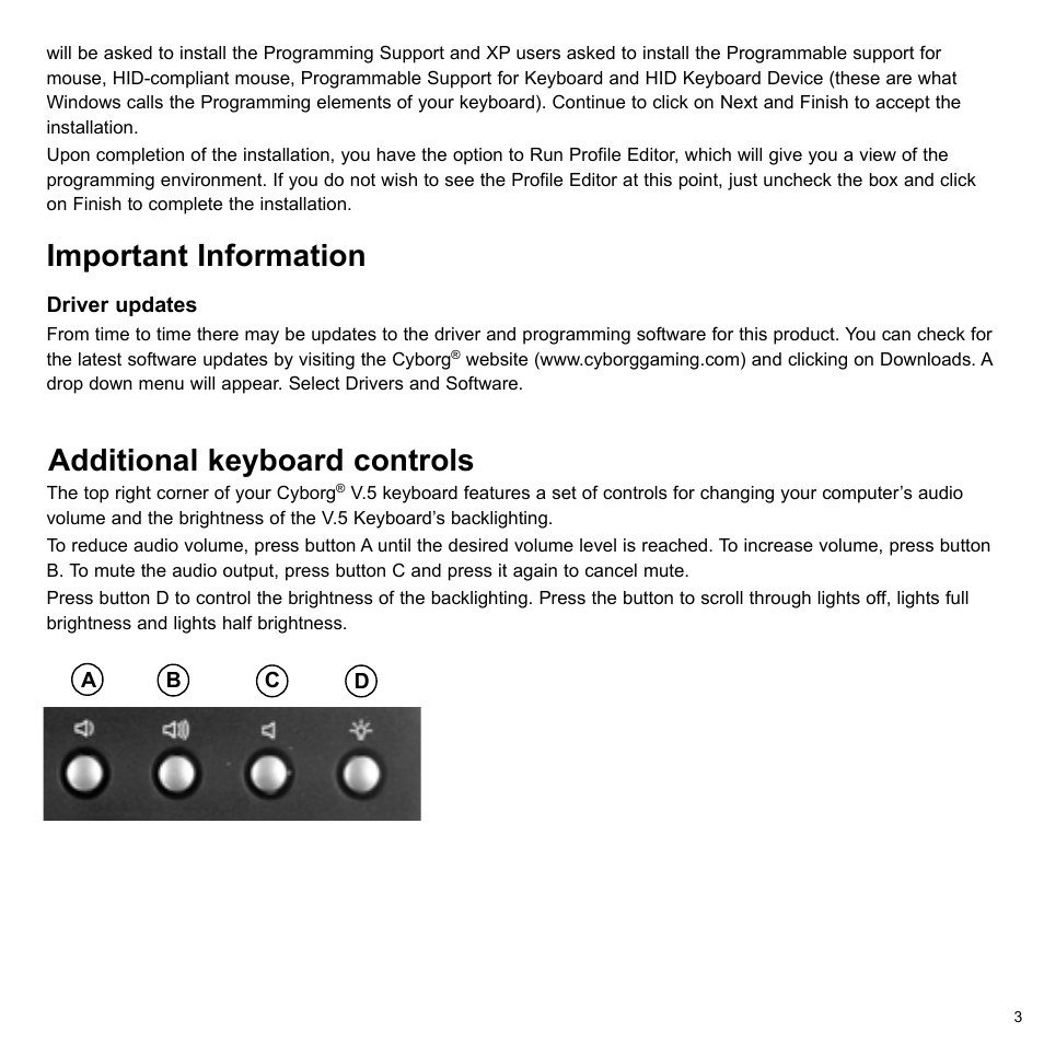 Important information, Additional keyboard controls | Cyborg V.5 Keyboard User Manual | Page 3 / 12