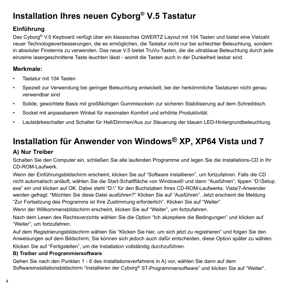 Installation ihres neuen cyborg, V.5 tastatur, Installation für anwender von windows | Xp, xp64 vista und 7 | Cyborg V.5 Keyboard User Manual | Page 4 / 12