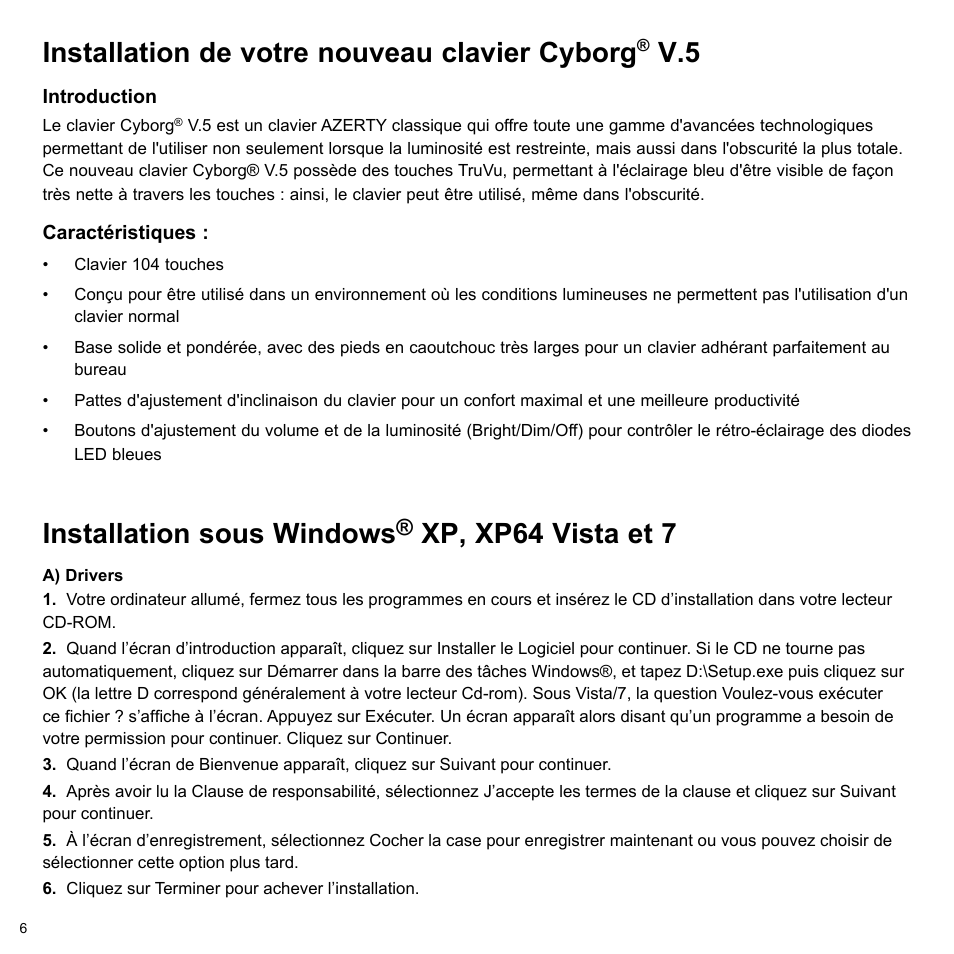 Installation de votre nouveau clavier cyborg, Installation sous windows, Xp, xp64 vista et 7 | Cyborg V.5 Keyboard User Manual | Page 6 / 12