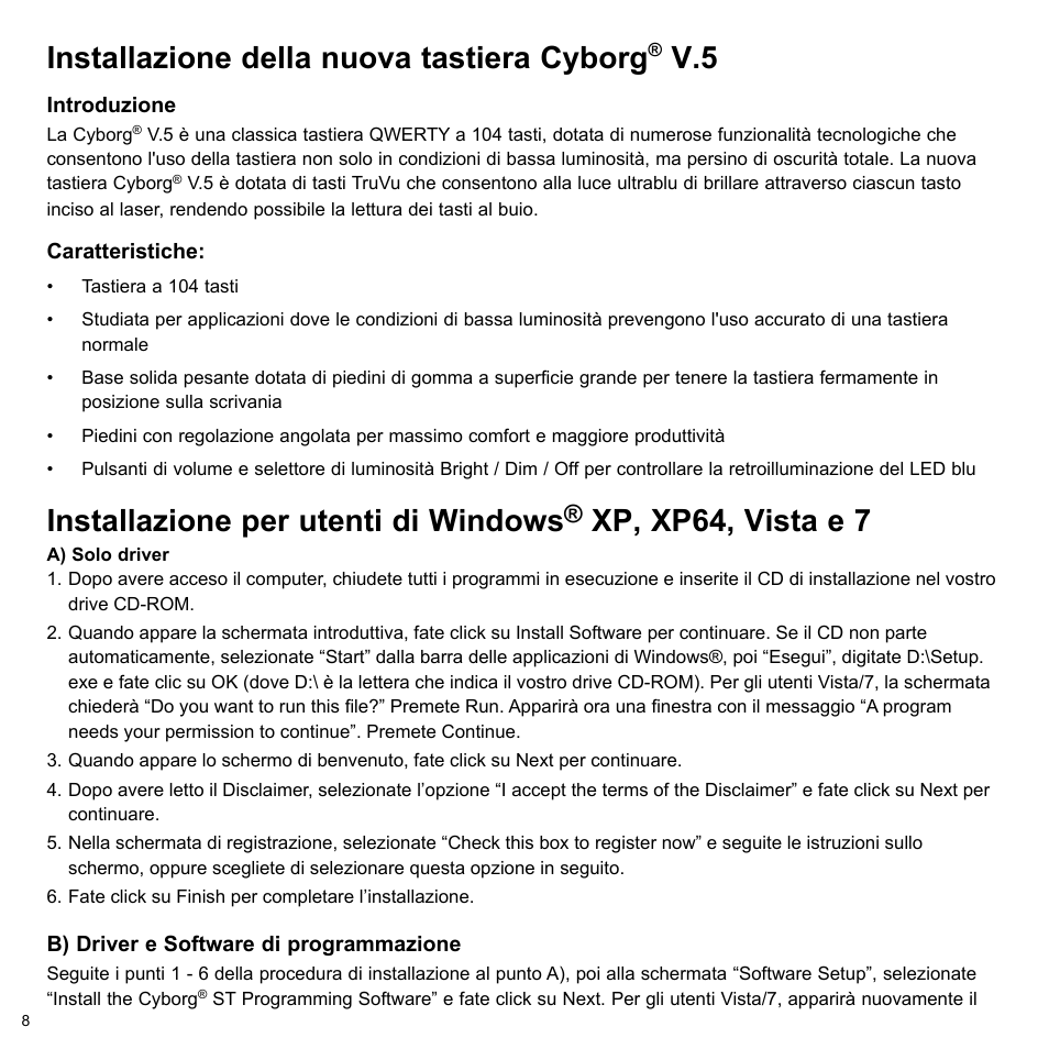 Installazione della nuova tastiera cyborg, Installazione per utenti di windows, Xp, xp64, vista e 7 | Cyborg V.5 Keyboard User Manual | Page 8 / 12