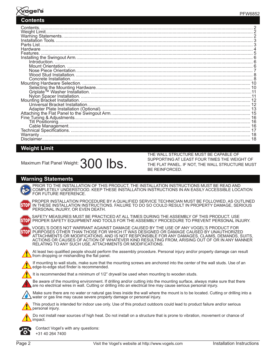 300 lbs | Vogels PFW 6852 User Manual | Page 2 / 17