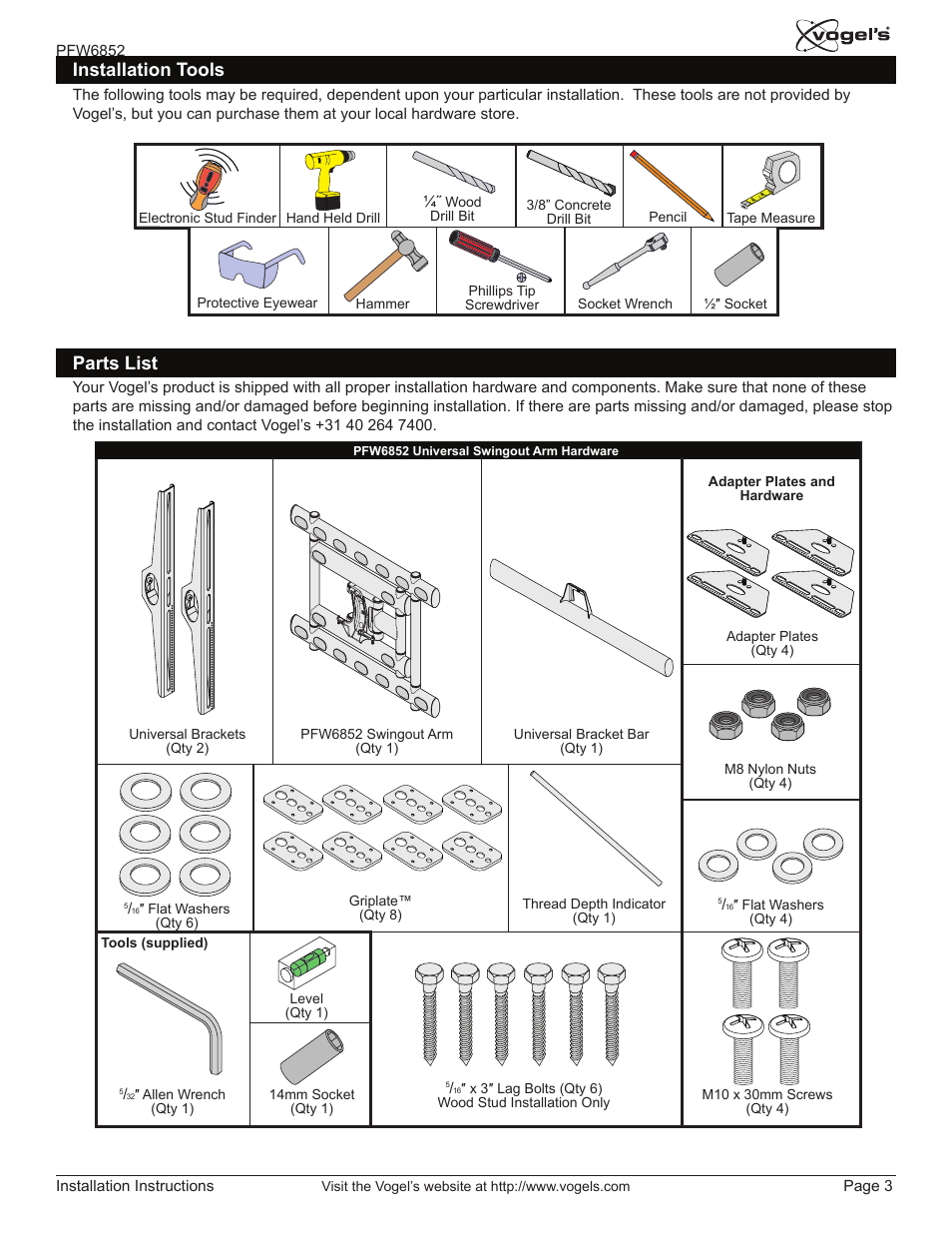 Parts list installation tools | Vogels PFW 6852 User Manual | Page 3 / 17