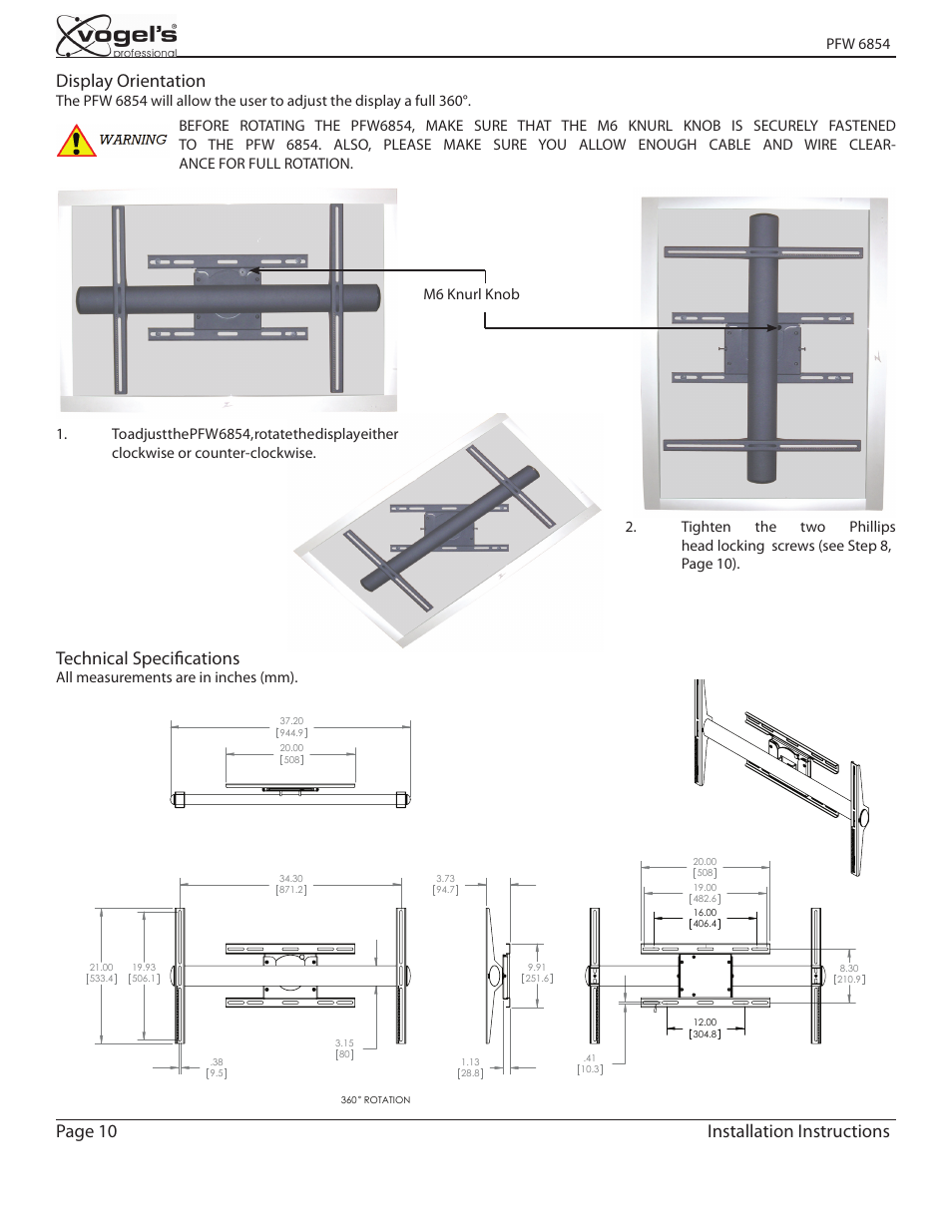 Display orientation, Page 10 installation instructions, Technical specifications | Vogels PFW 6854 User Manual | Page 10 / 10
