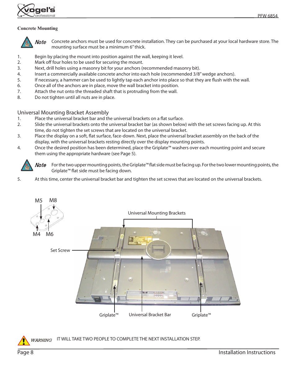 Page 8 installation instructions, Universal mounting bracket assembly, M4 m8 m6 m5 | Vogels PFW 6854 User Manual | Page 8 / 10