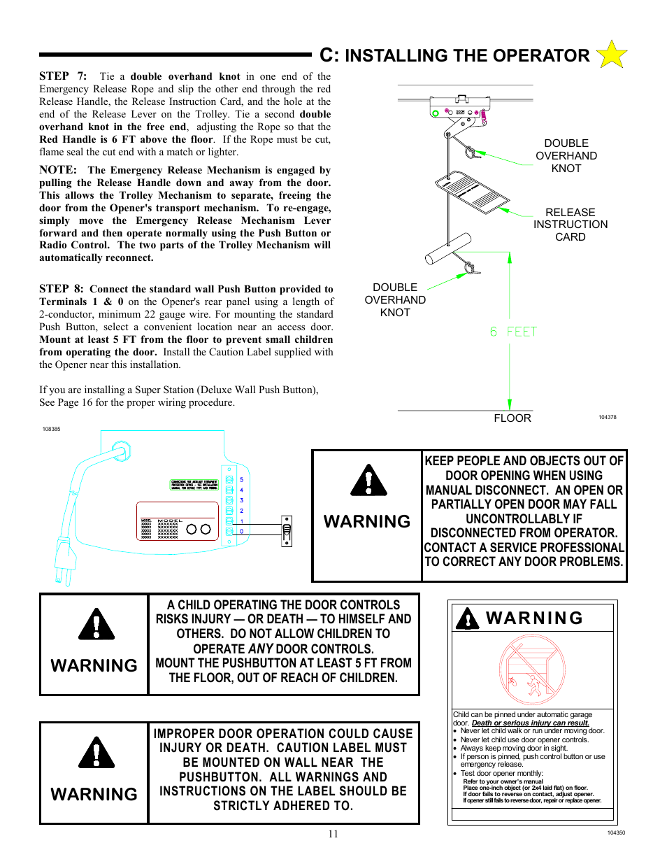 Warning, Installing the operator warning | Allstar Products Group J6500 User Manual | Page 11 / 24