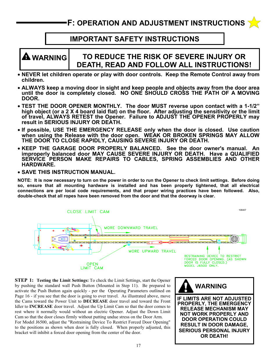 Warning, Important safety instructions, Operation and adjustment instructions | Allstar Products Group J6500 User Manual | Page 17 / 24