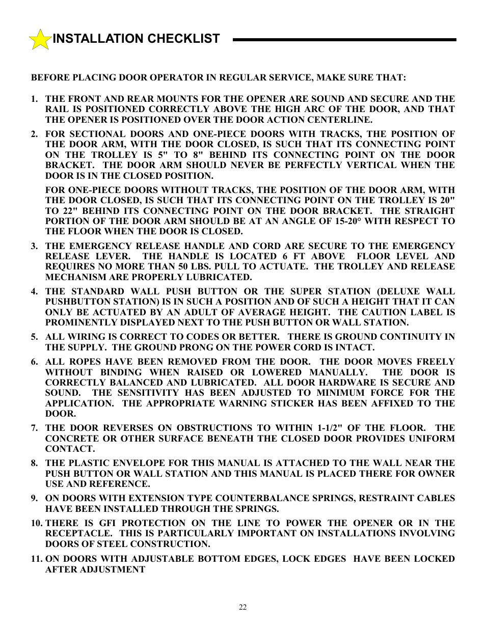 Installation checklist | Allstar Products Group J6500 User Manual | Page 22 / 24