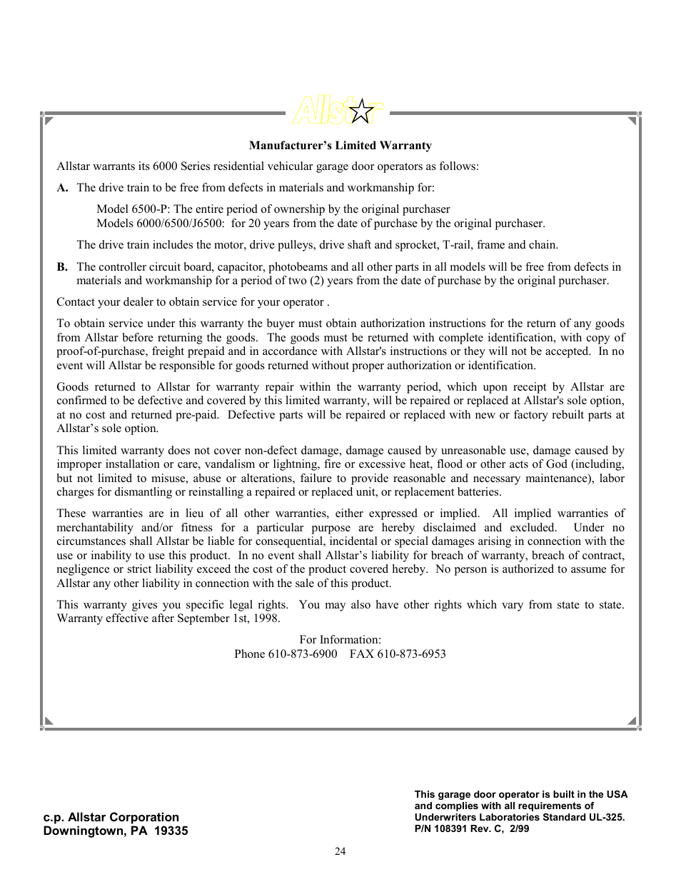 Allstar Products Group J6500 User Manual | Page 24 / 24