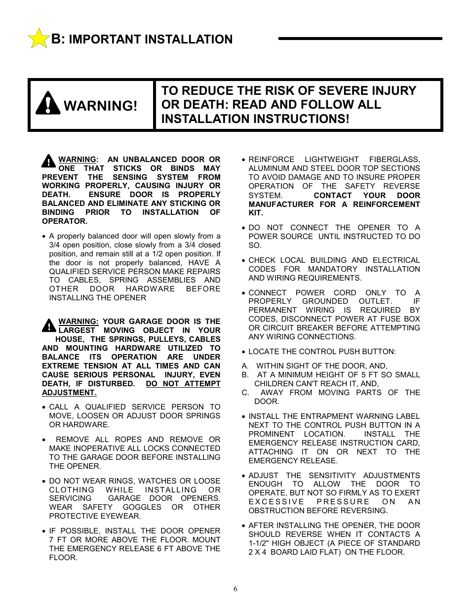 Warning, Important installation | Allstar Products Group J6500 User Manual | Page 6 / 24