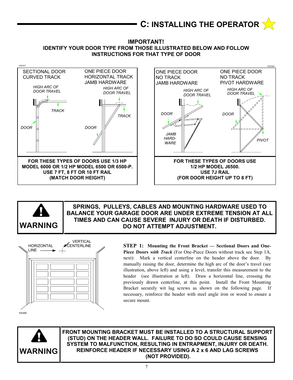 Warning, Installing the operator | Allstar Products Group J6500 User Manual | Page 7 / 24
