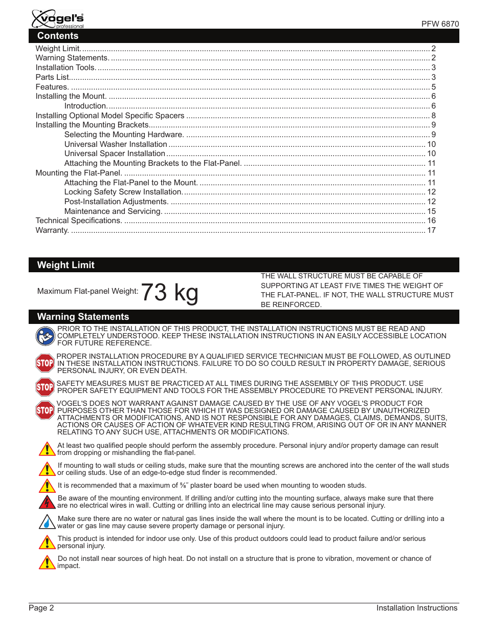 73 kg | Vogels PFW 6870 User Manual | Page 2 / 16