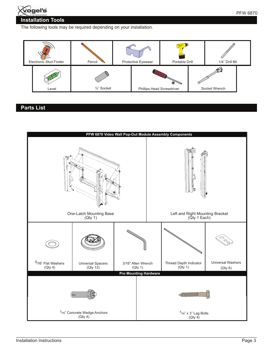 Parts list installation tools | Vogels PFW 6870 User Manual | Page 3 / 16