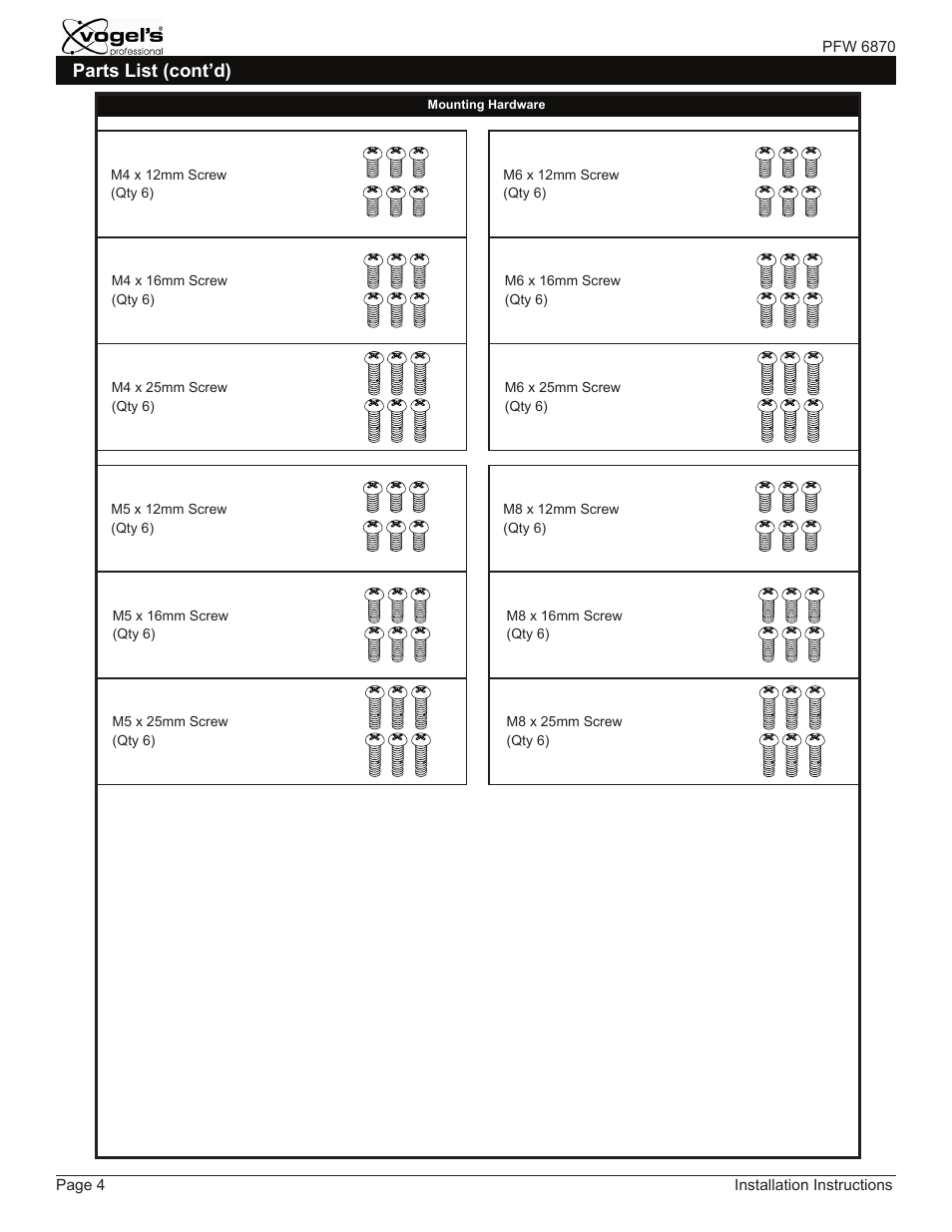 Parts list (cont’d) | Vogels PFW 6870 User Manual | Page 4 / 16