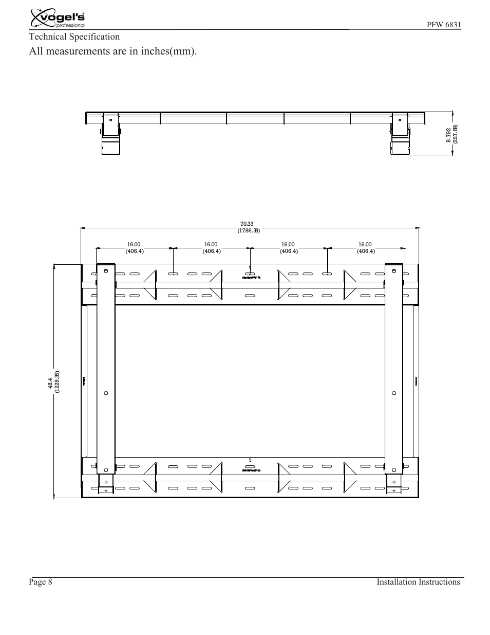 All measurements are in inches(mm), Technical specification | Vogels PFW 6831 User Manual | Page 8 / 8