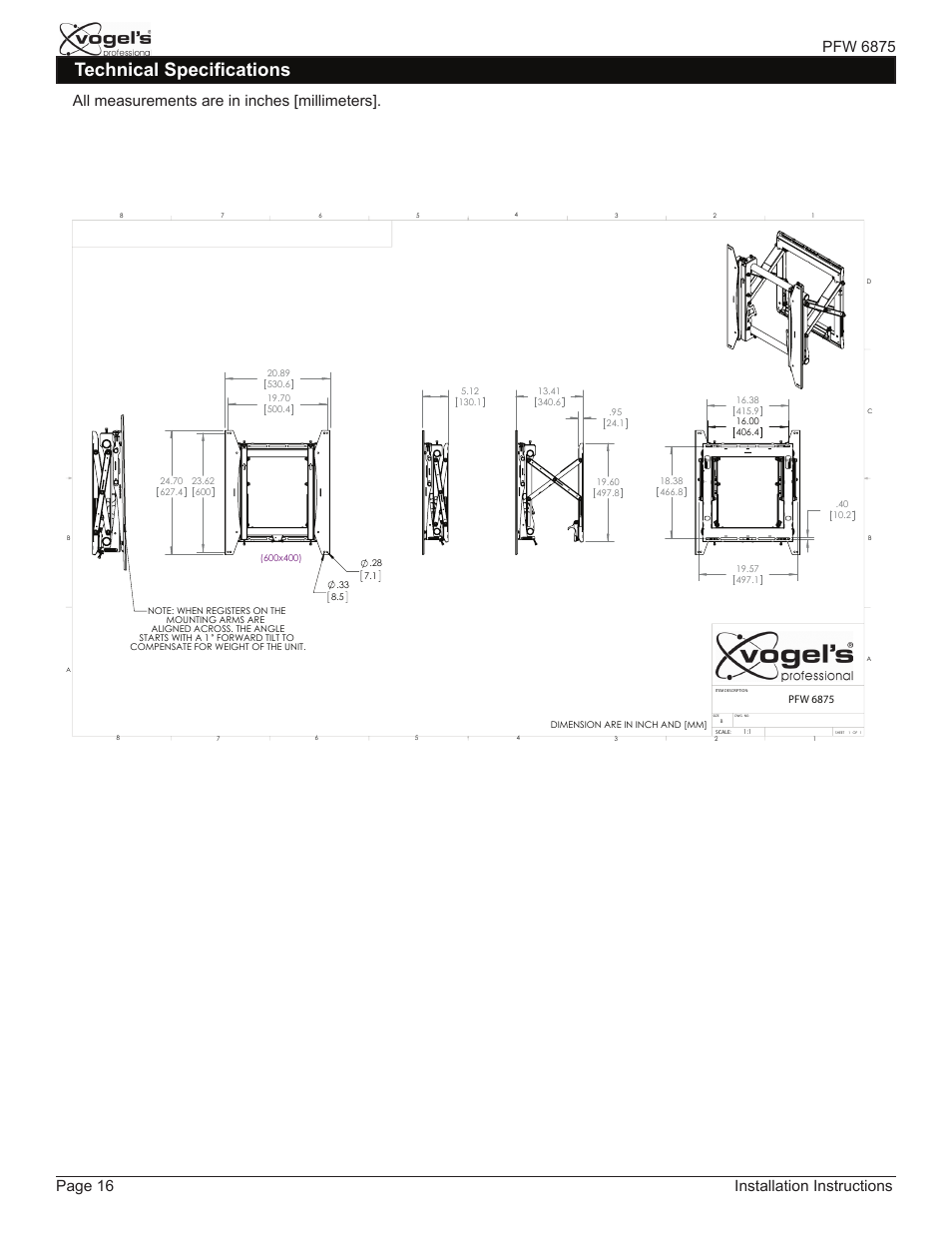 Installation instructions, All measurements are in inches [millimeters | Vogels PFW 6875 User Manual | Page 16 / 16