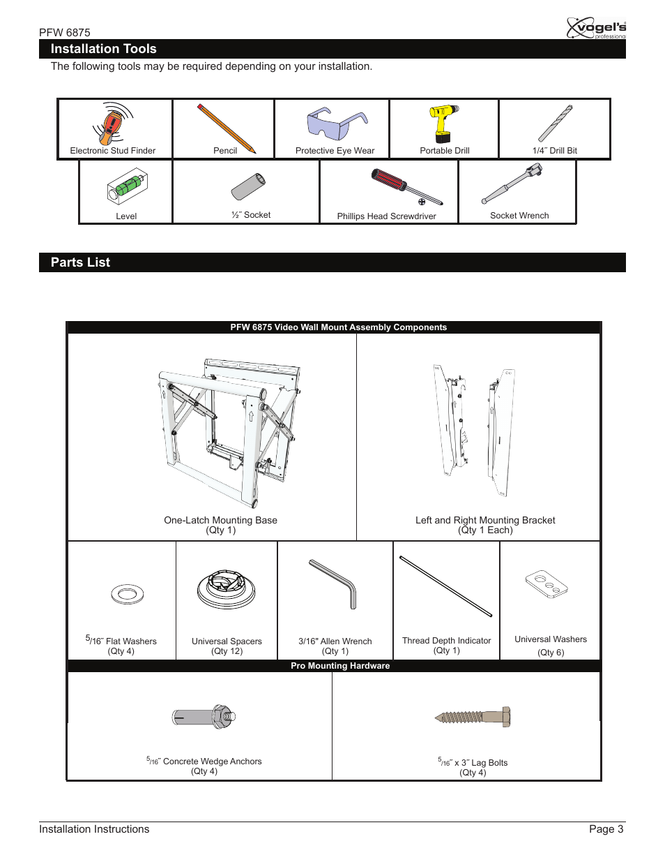 Parts list installation tools | Vogels PFW 6875 User Manual | Page 3 / 16
