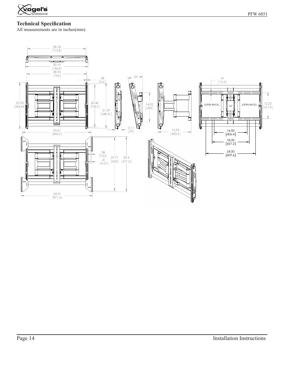 Page 14 installation instructions, Technical specification | Vogels PFW 6851 User Manual | Page 14 / 14