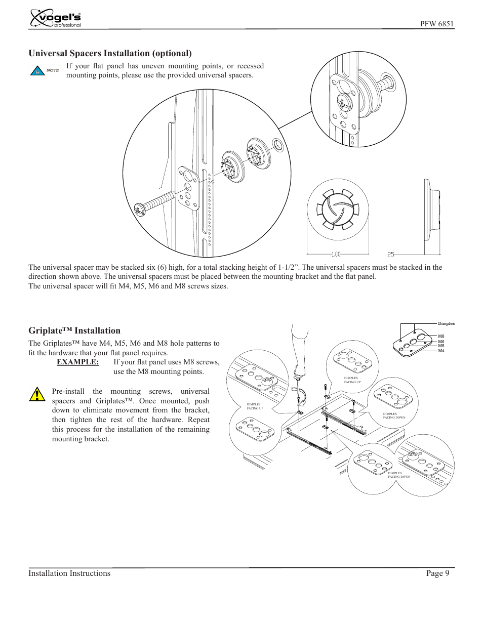 Universal spacers installation (optional), Griplate™ installation, Installation instructions page 9 | Vogels PFW 6851 User Manual | Page 9 / 14