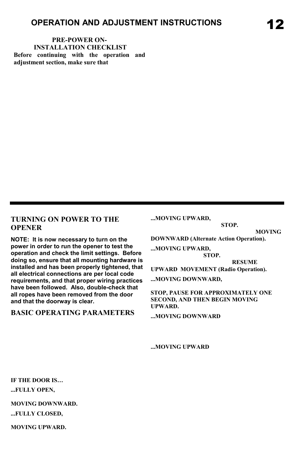 Operation and adjustment instructions, Turning on power to the opener, Basic operating parameters | Allstar Products Group MVP-SB User Manual | Page 12 / 20