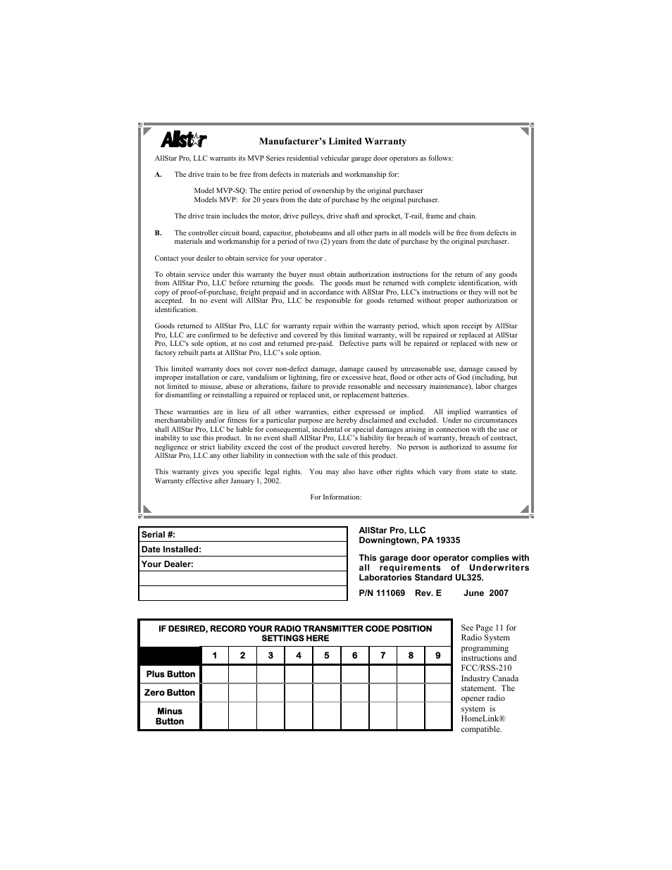 Allstar Products Group MVP-SQ User Manual | Page 20 / 20