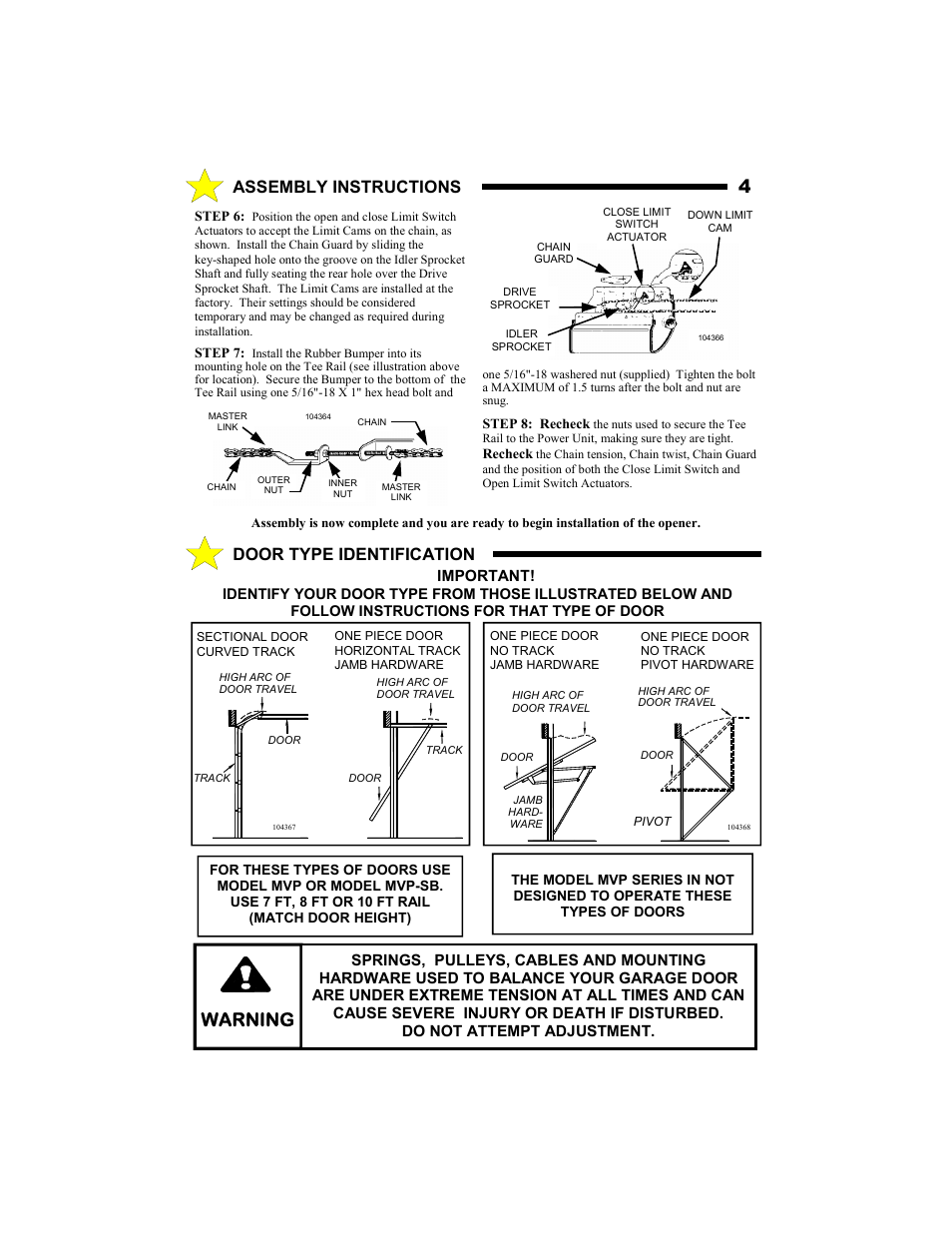 Warning, Door type identification assembly instructions | Allstar Products Group MVP-SQ User Manual | Page 4 / 20