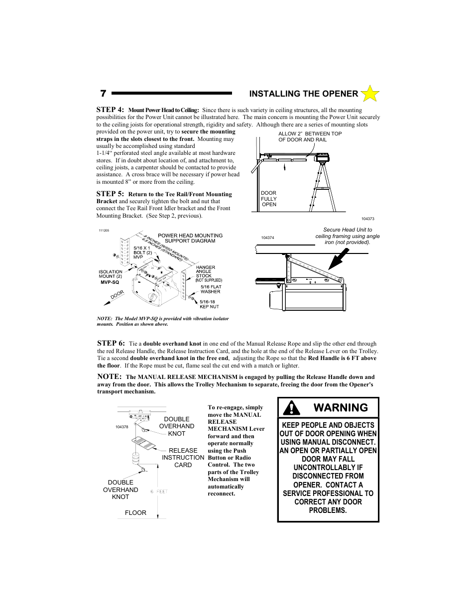 Warning, Installing the opener | Allstar Products Group MVP-SQ User Manual | Page 7 / 20
