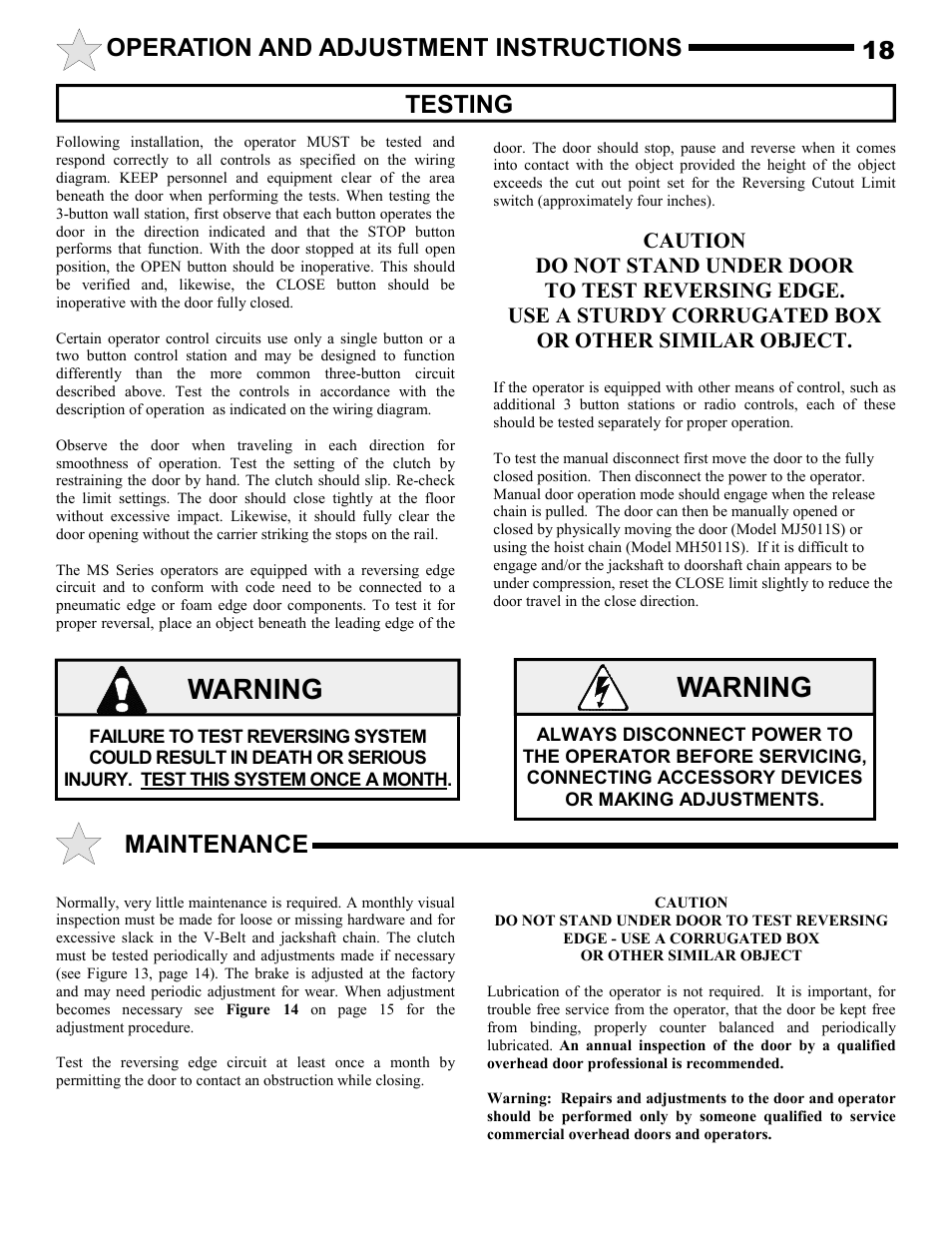 Warning, Operation and adjustment instructions 18, Testing | Maintenance | Allstar Products Group MH5011S User Manual | Page 18 / 20