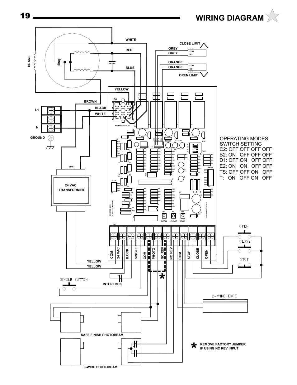 Wiring diagram 19, Ope n, Ground grey | Brown br ake, Remove factory jumper if using nc rev input | Allstar Products Group MH5011S User Manual | Page 19 / 20