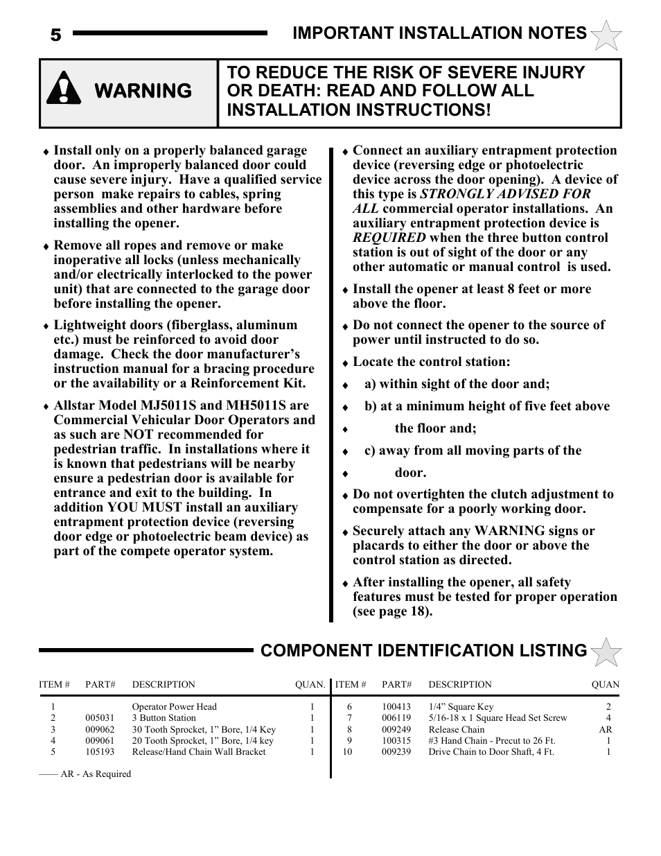 Warning | Allstar Products Group MH5011S User Manual | Page 5 / 20