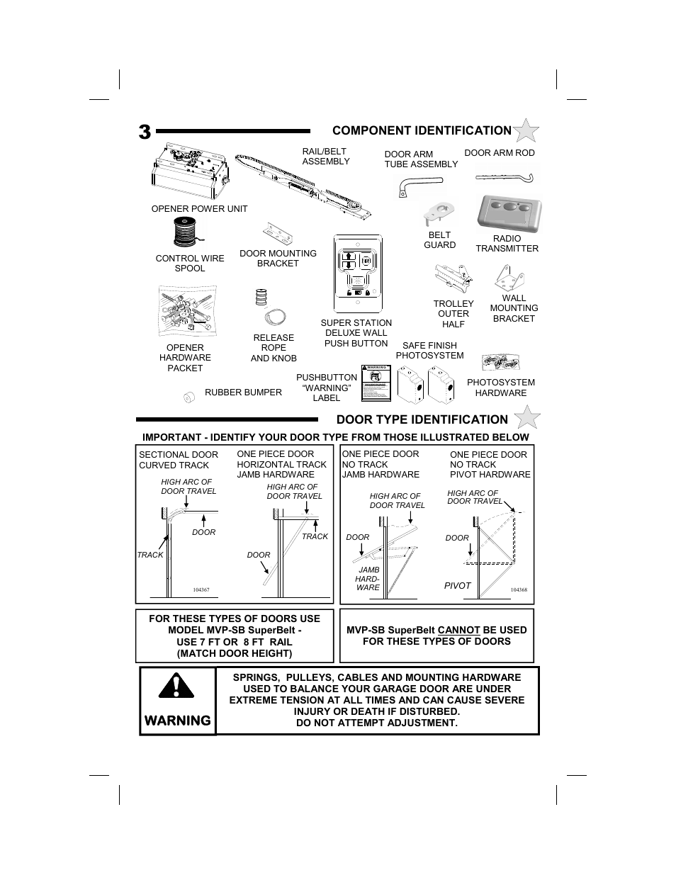 Warning, Component identification door type identification | Allstar Products Group SUPER BELT MVP-SB User Manual | Page 3 / 20