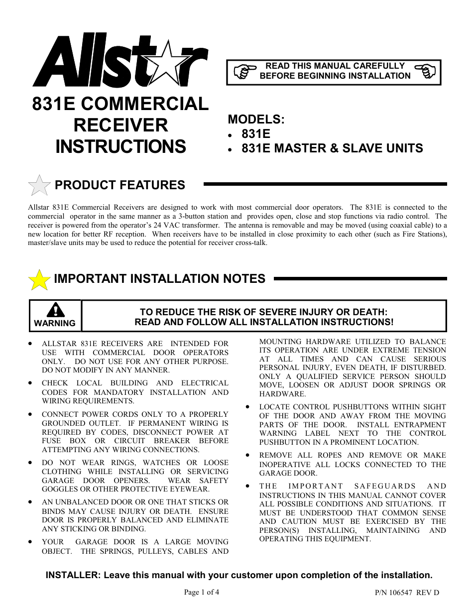 Allstar Products Group 831E User Manual | 4 pages