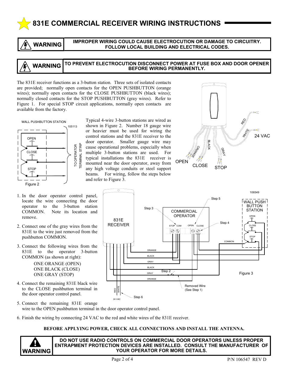 831e commercial receiver wiring instructions, Warning | Allstar Products Group 831E User Manual | Page 2 / 4