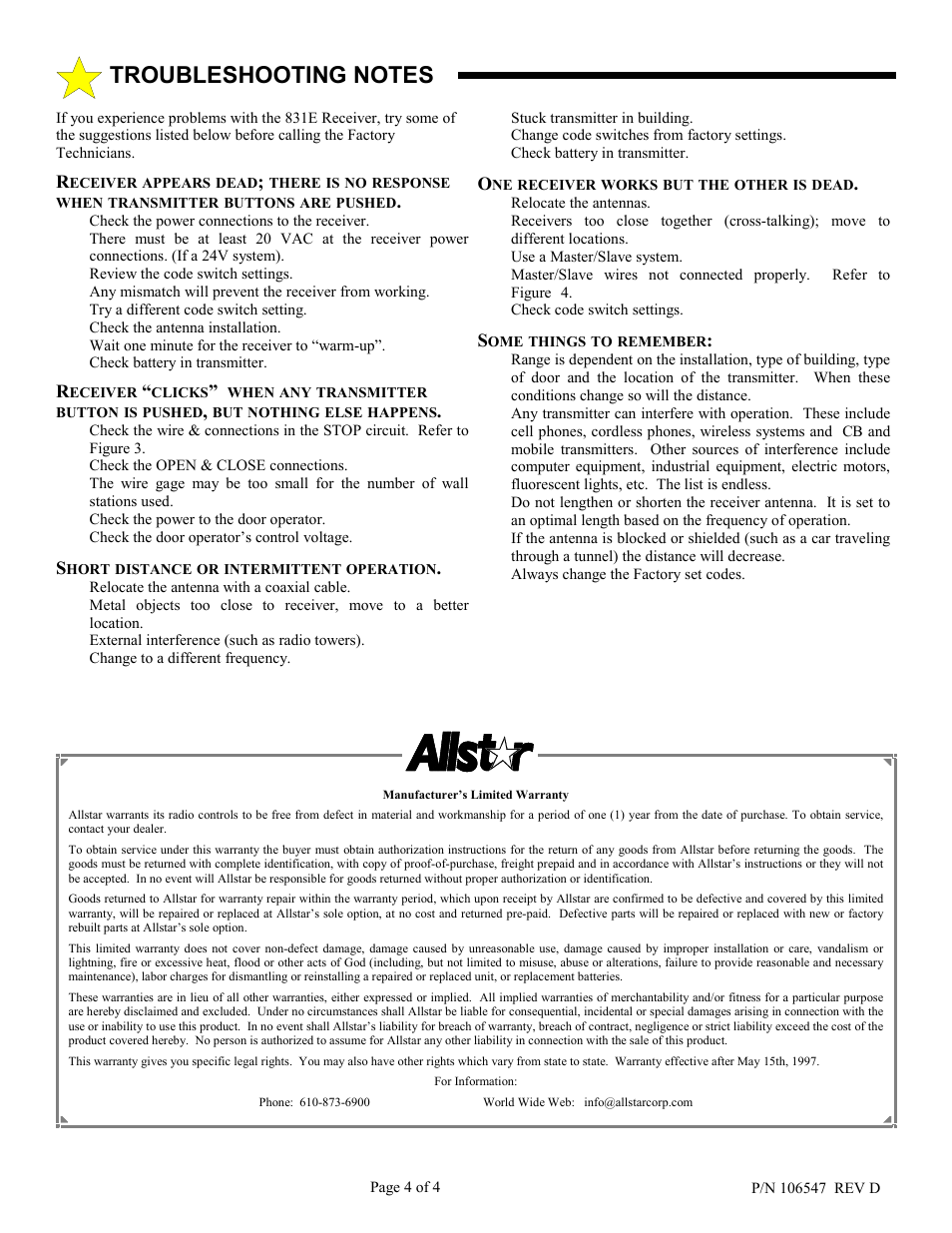 Allstar Products Group 831E User Manual | Page 4 / 4