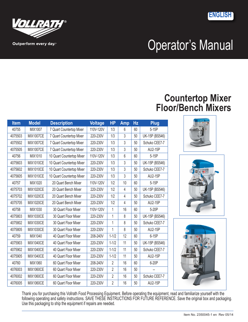 Vollrath 60 Qt Countertop Mixers User Manual | 8 pages
