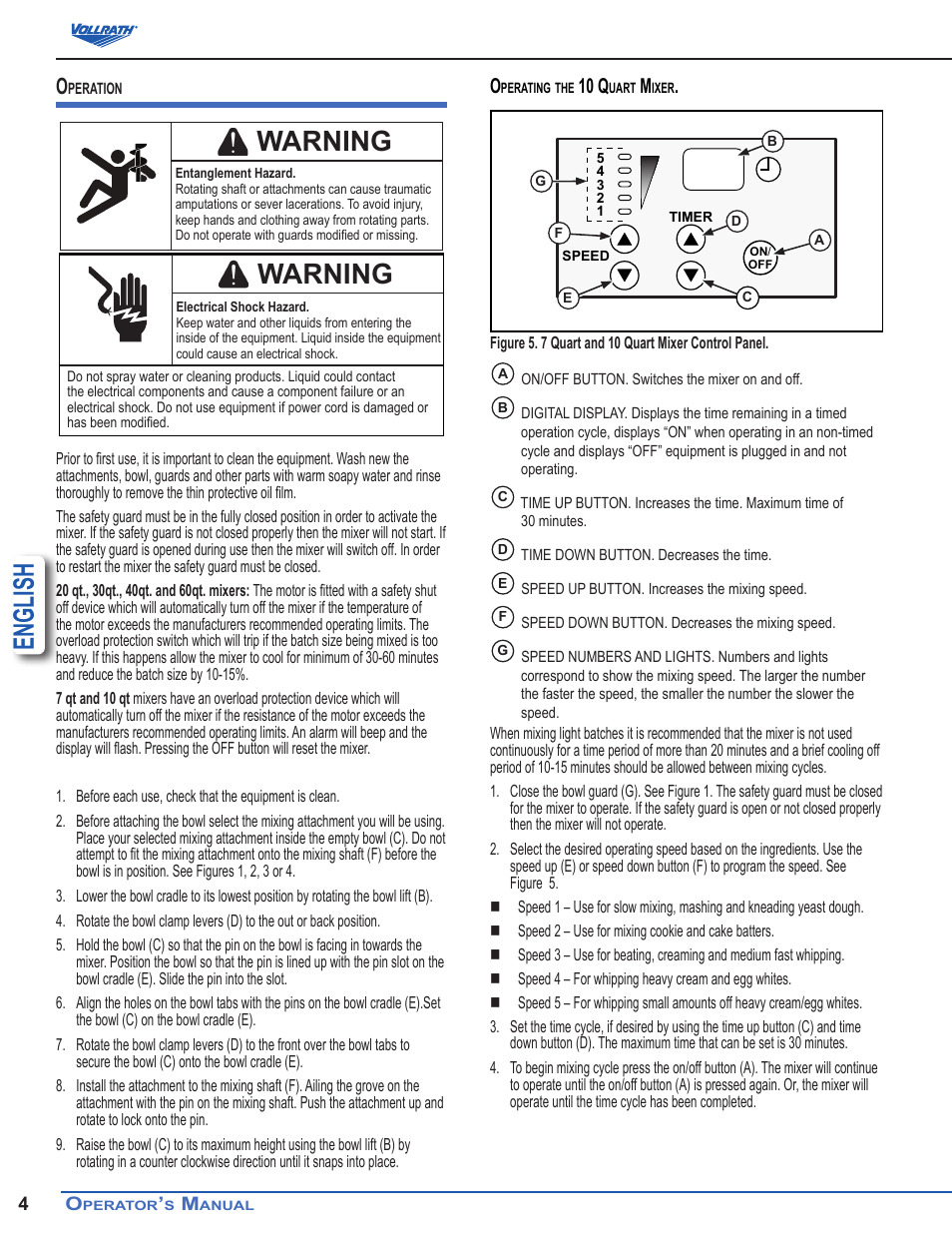 English, Warning, 10 q | Vollrath 60 Qt Countertop Mixers User Manual | Page 4 / 8