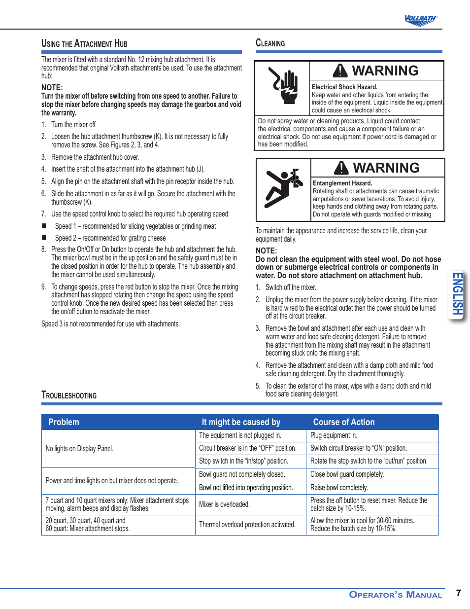 English, Warning | Vollrath 60 Qt Countertop Mixers User Manual | Page 7 / 8