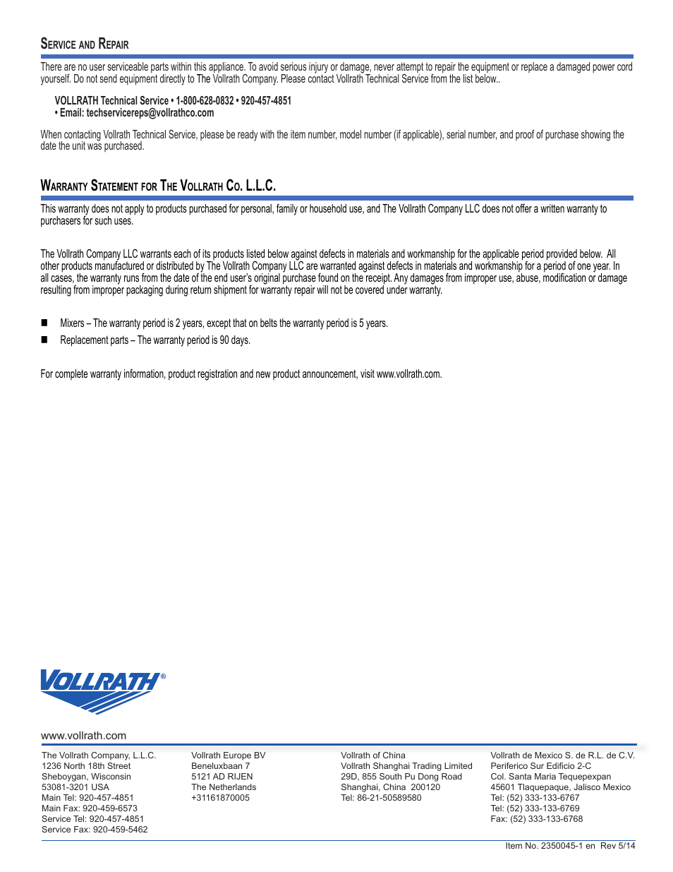 L.l.c | Vollrath 60 Qt Countertop Mixers User Manual | Page 8 / 8