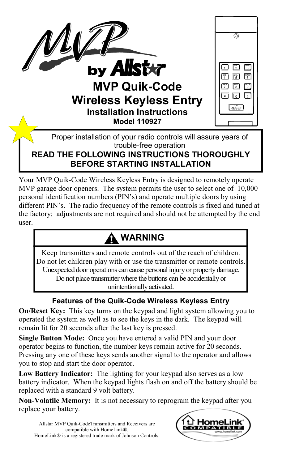 Allstar Products Group MVP 110927 User Manual | 4 pages