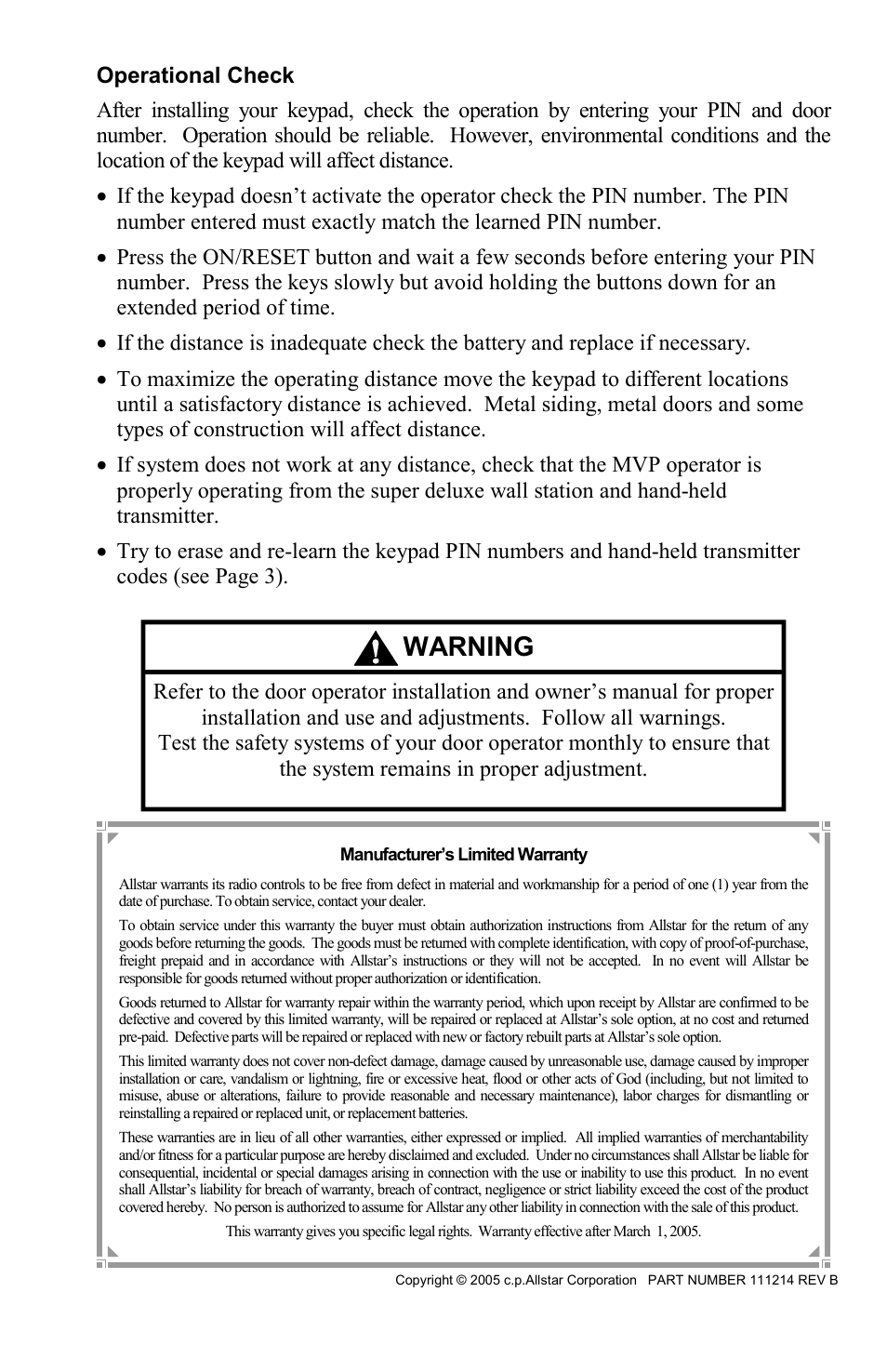 Warning | Allstar Products Group MVP 110927 User Manual | Page 4 / 4