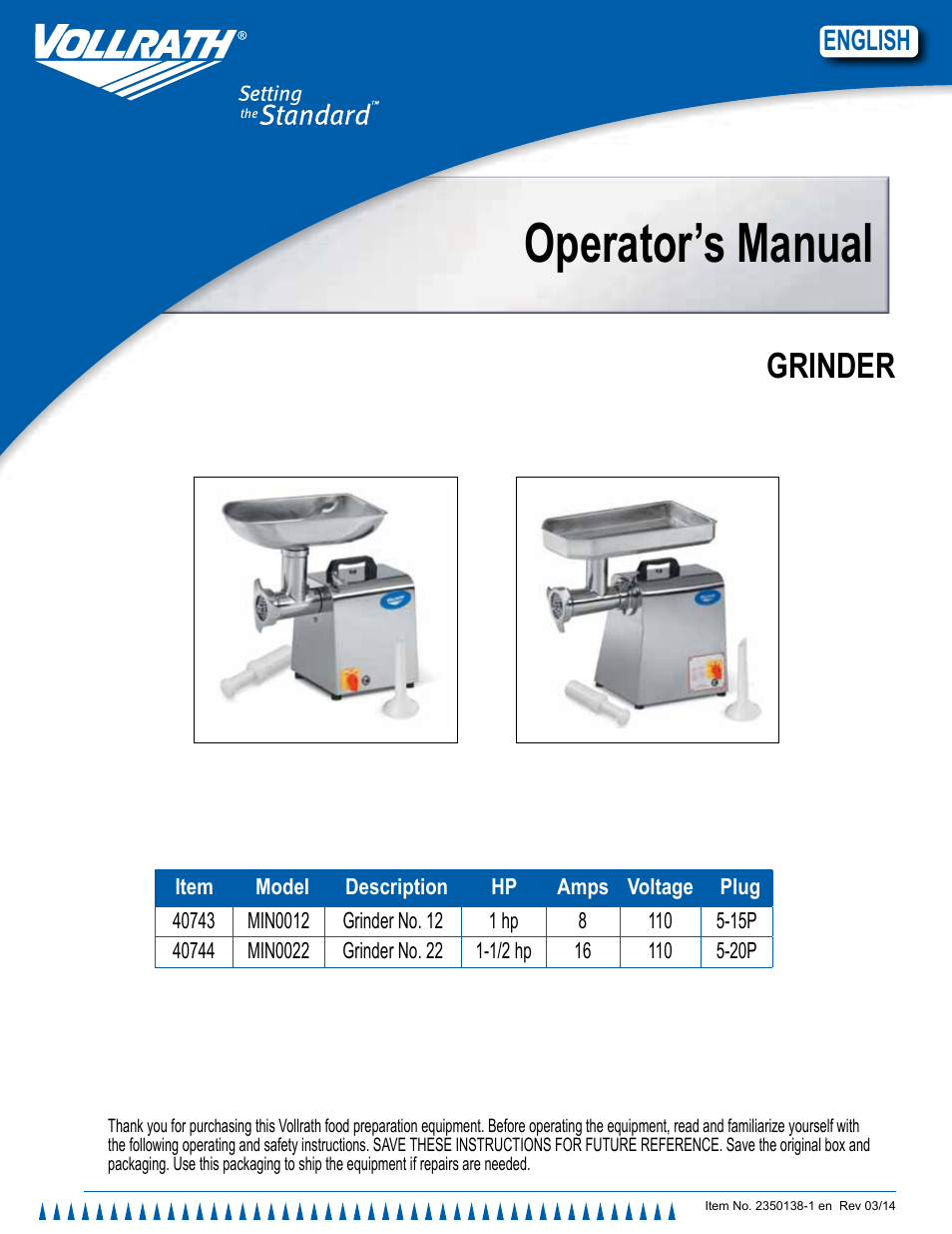 Vollrath MIN0022 Operator Manual User Manual | 12 pages